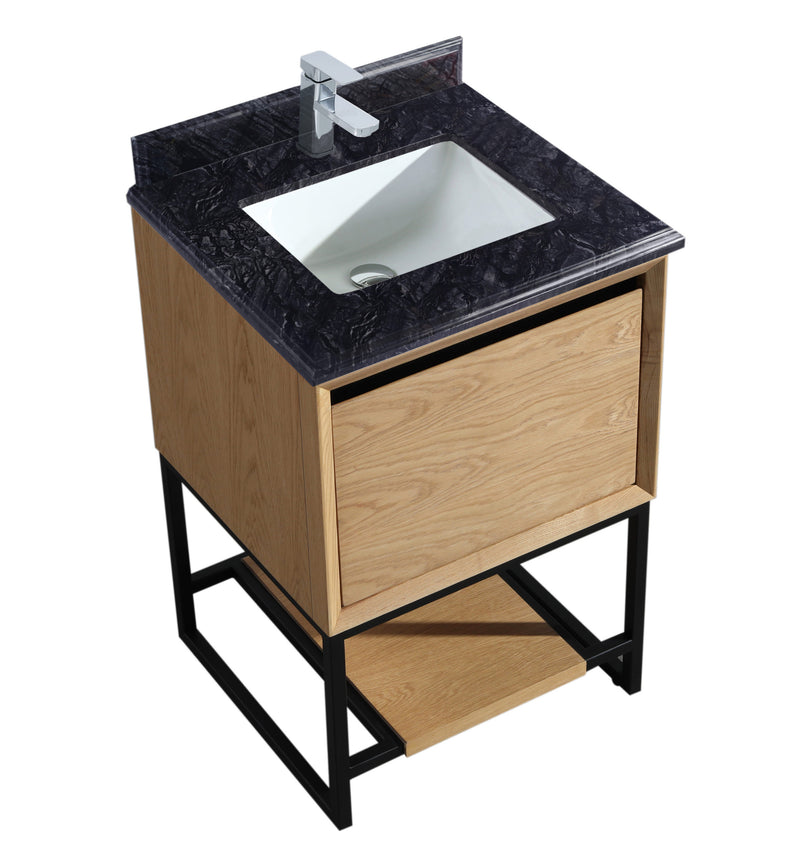 Laviva 313SMR-24CO-BW Alto California White Oak vanity with Black Wood marble top, front view on a white background