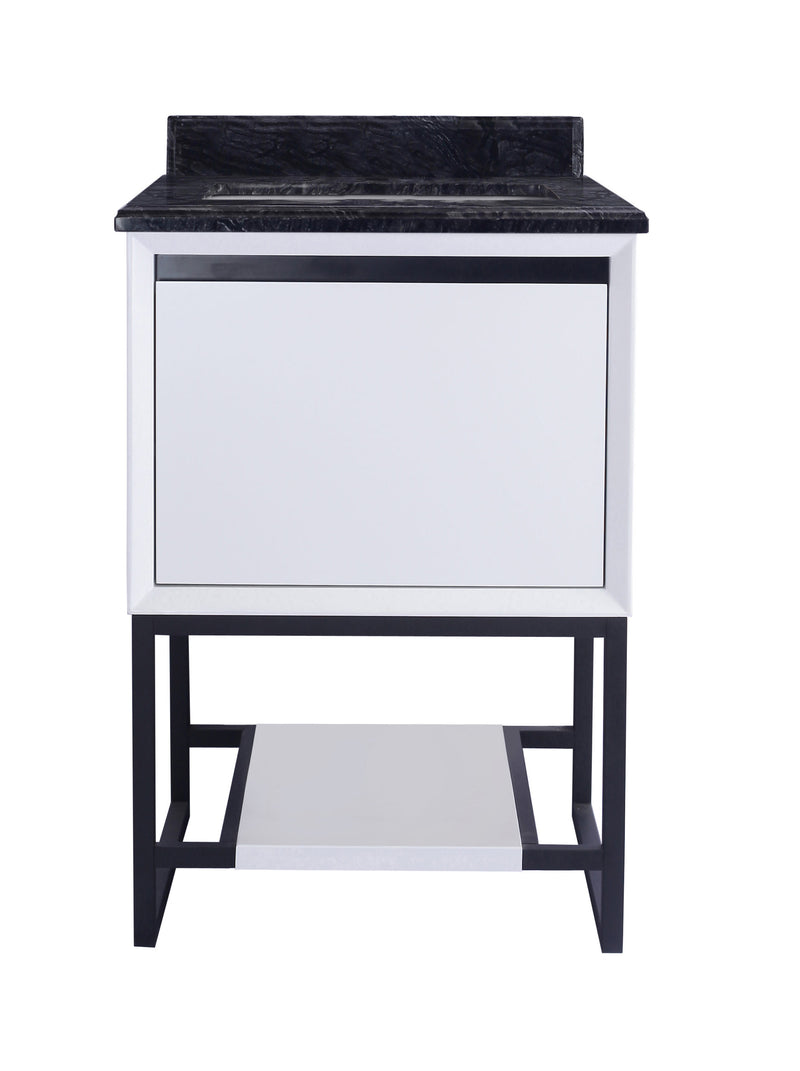 Laviva 313SMR-24W-BW Alto 24" White vanity with Black Wood marble top, front view on a white background