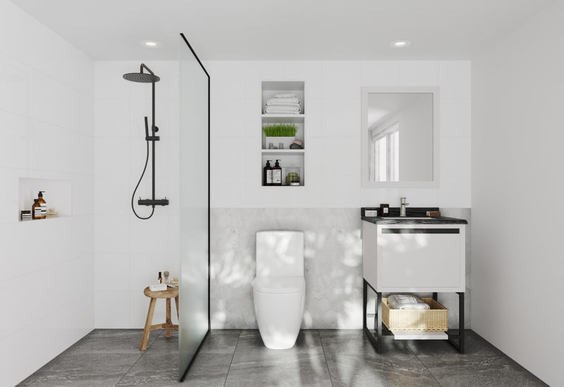 Laviva 313SMR-24W-BW Alto 24" White vanity with Black Wood marble top, wide room view in a bathroom