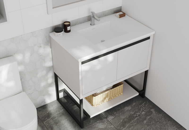 Laviva 313SMR-36W-MW Alto 36" White vanity with Matte White solid surface top, installed in a bathroom