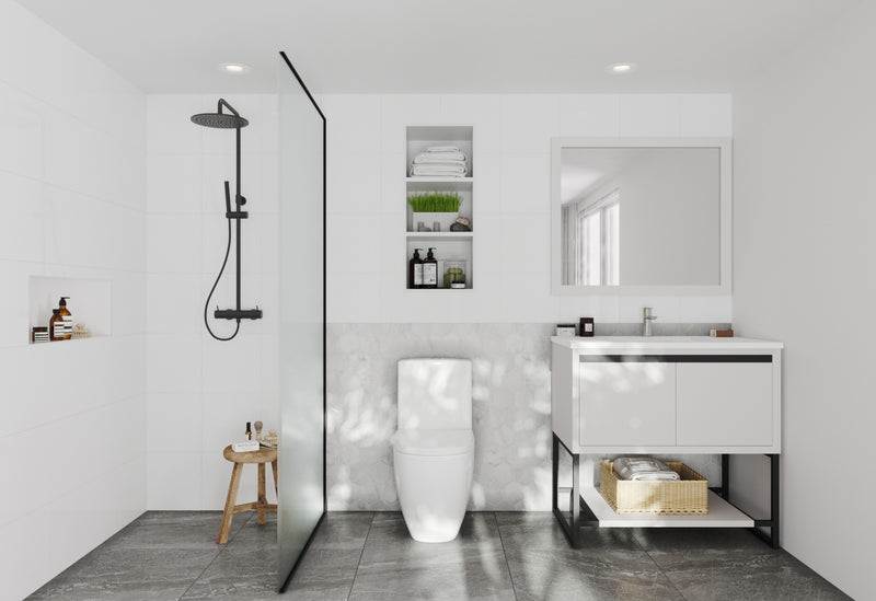 Laviva 313SMR-36W-MW Alto 36" White vanity with Matte White solid surface top, wide room view in a bathroom