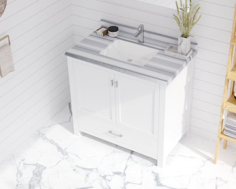 Laviva 313SQ1H-36-WS Forever 36" White marble countertop, installed on a vanity cabinet in a bathroom