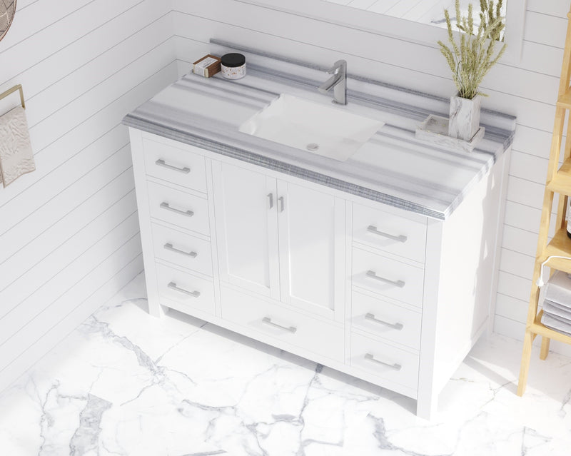 Laviva 313SQ1H-48-WS Forever 48" White marble countertop, installed on a vanity cabinet in a bathroom