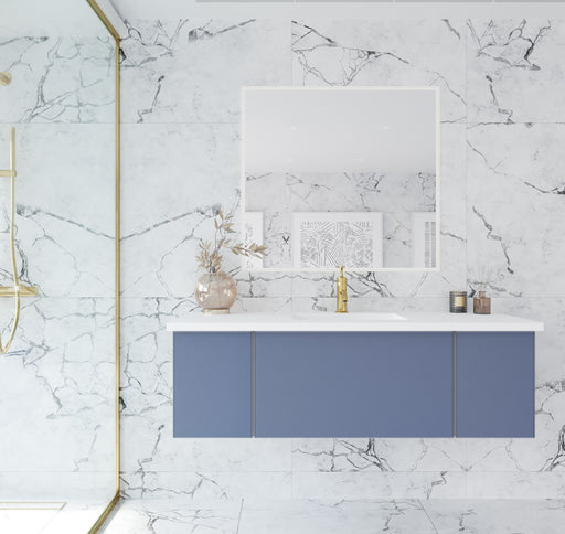 Laviva 313VTR-54NB-MW Vitri 54" Nautical Blue vanity with Matte White solid surface top, wide room view in a bathroom