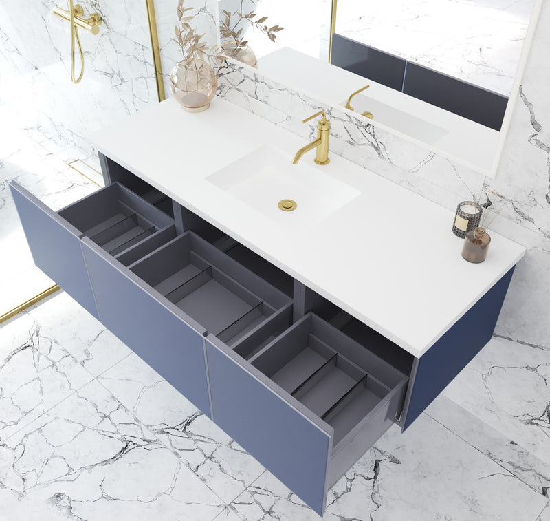 Laviva 313VTR-60CNB-MW Vitri 60" Nautical Blue vanity with Matte White solid surface top, angled view with the drawer open