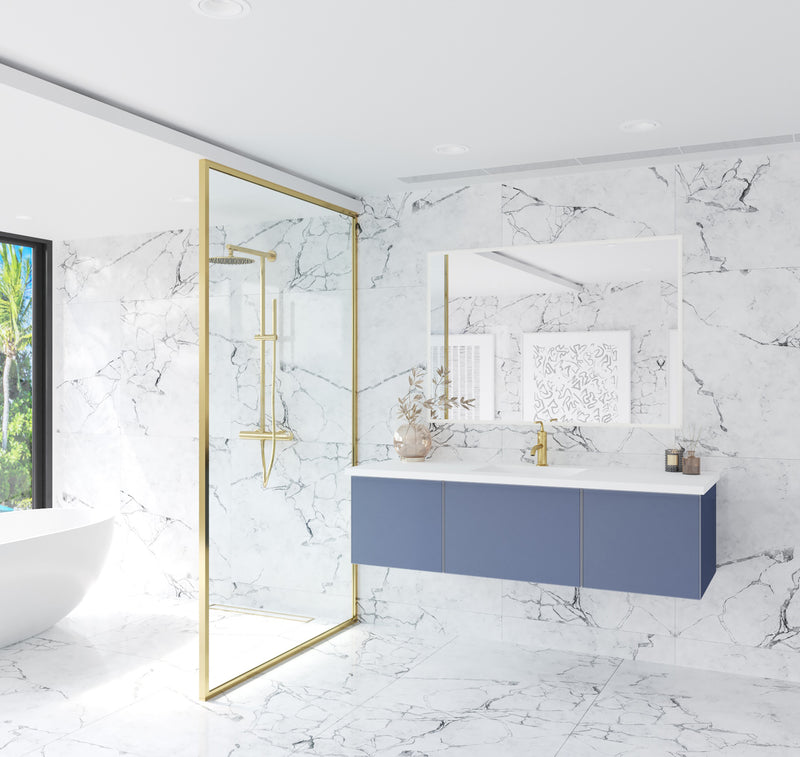 Laviva 313VTR-60CNB-MW Vitri 60" Nautical Blue vanity with Matte White solid surface top, installed in a bathroom