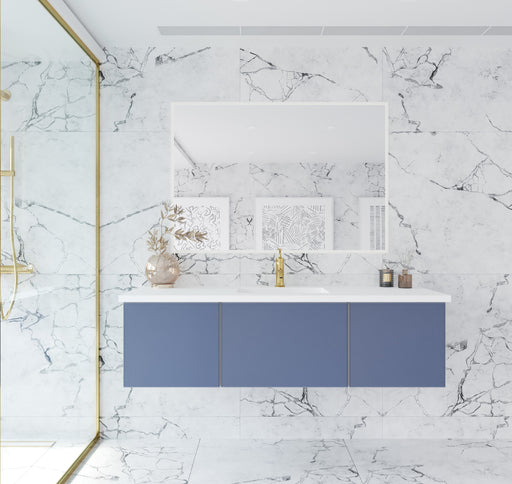 Laviva 313VTR-60CNB-MW Vitri 60" Nautical Blue vanity with Matte White solid surface top, wide room view in a bathroom