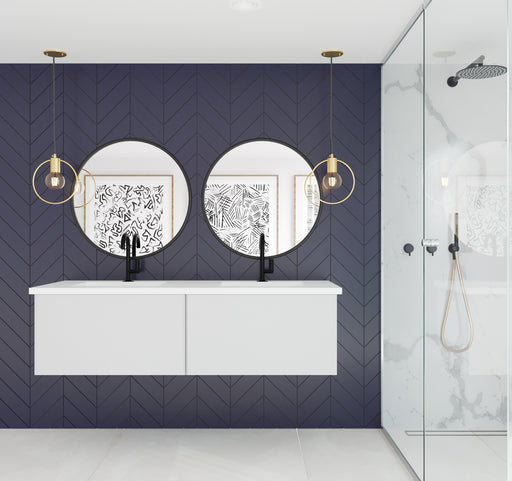 Laviva 313VTR-60DCW-MW Vitri 60" Cloud White double vanity with Matte White solid surface top, wide room view in a bathroom