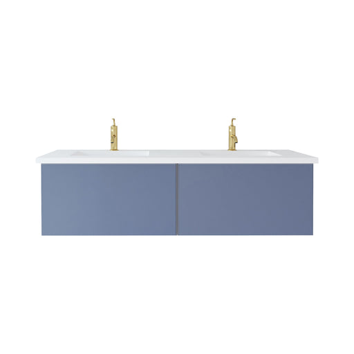 Laviva 313VTR-60DNB-MW Vitri 60" Nautical Blue double vanity with Matte White solid surface top, front view on a white