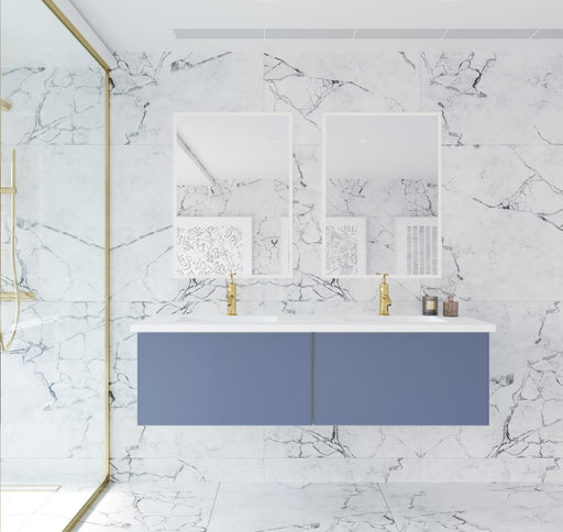 Laviva 313VTR-60DNB-MW Vitri 60" Nautical Blue double vanity with Matte White solid surface top, wide room view in a bathroom