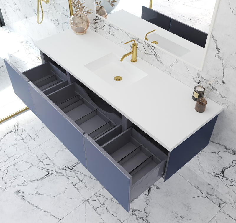 Laviva 313VTR-66NB-MW Vitri 66" Nautical Blue vanity with Matte White solid surface top, angled view with the drawer open