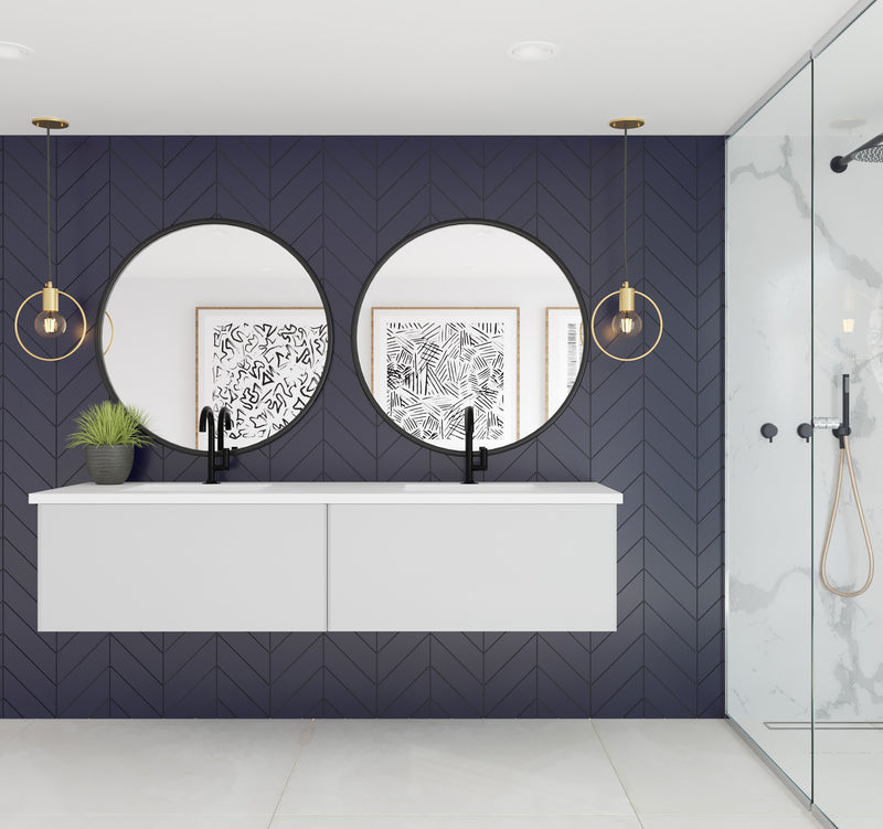 Laviva 313VTR-72DCW-MW Vitri 72" Cloud White double vanity with Matte White solid surface top, wide room view in a bathroom
