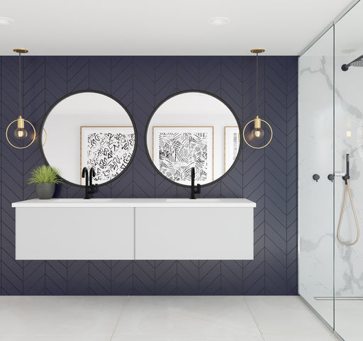 Laviva 313VTR-72DCW-MW Vitri 72" Cloud White double vanity with Matte White solid surface top, wide room view in a bathroom