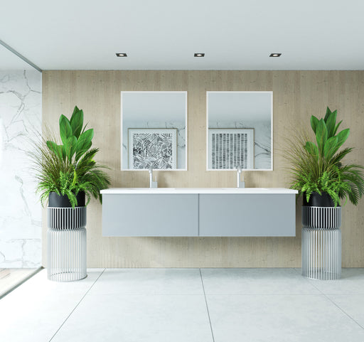 Laviva 313VTR-72DFG-MW Vitri 72" Fossil Grey double vanity with Matte White solid surface top, wide room view in a bathroom
