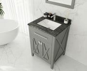 Laviva 313YG319-24G-BW Wimbledon 24" Grey vanity with Black Wood marble top, angled view with doors closed