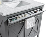 Laviva 313YG319-36G-WC Wimbledon 36" Grey vanity with White Carrara marble top, angled view with the drawer open