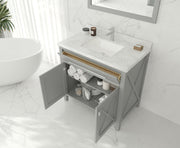 Laviva 313YG319-36G-WC Wimbledon 36" Grey vanity with White Carrara marble top, installed in a bathroom with doors and