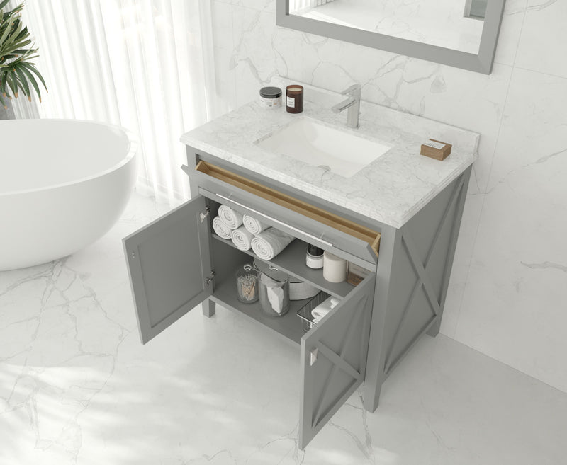 Laviva 313YG319-36G-WC Wimbledon 36" Grey vanity with White Carrara marble top, installed in a bathroom with doors and