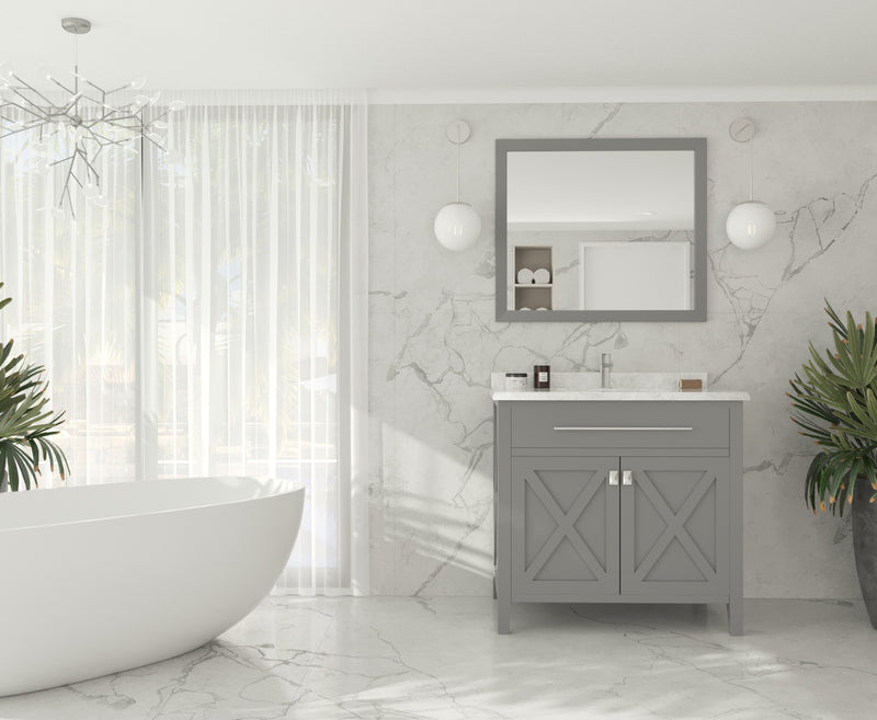 Laviva 313YG319-36G-WC Wimbledon 36" Grey vanity with White Carrara marble top, wide room view in a bathroom