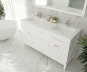 Laviva 313YG319-60W-MW Wimbledon 60" White double vanity with Matte White solid surface top, angled view with doors closed