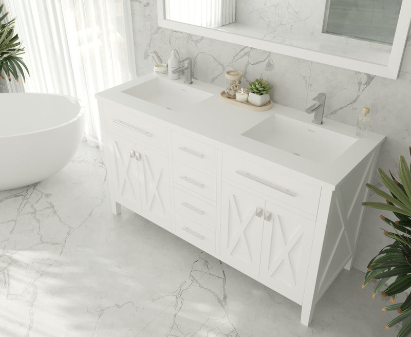 Laviva 313YG319-60W-MW Wimbledon 60" White double vanity with Matte White solid surface top, angled view with doors closed