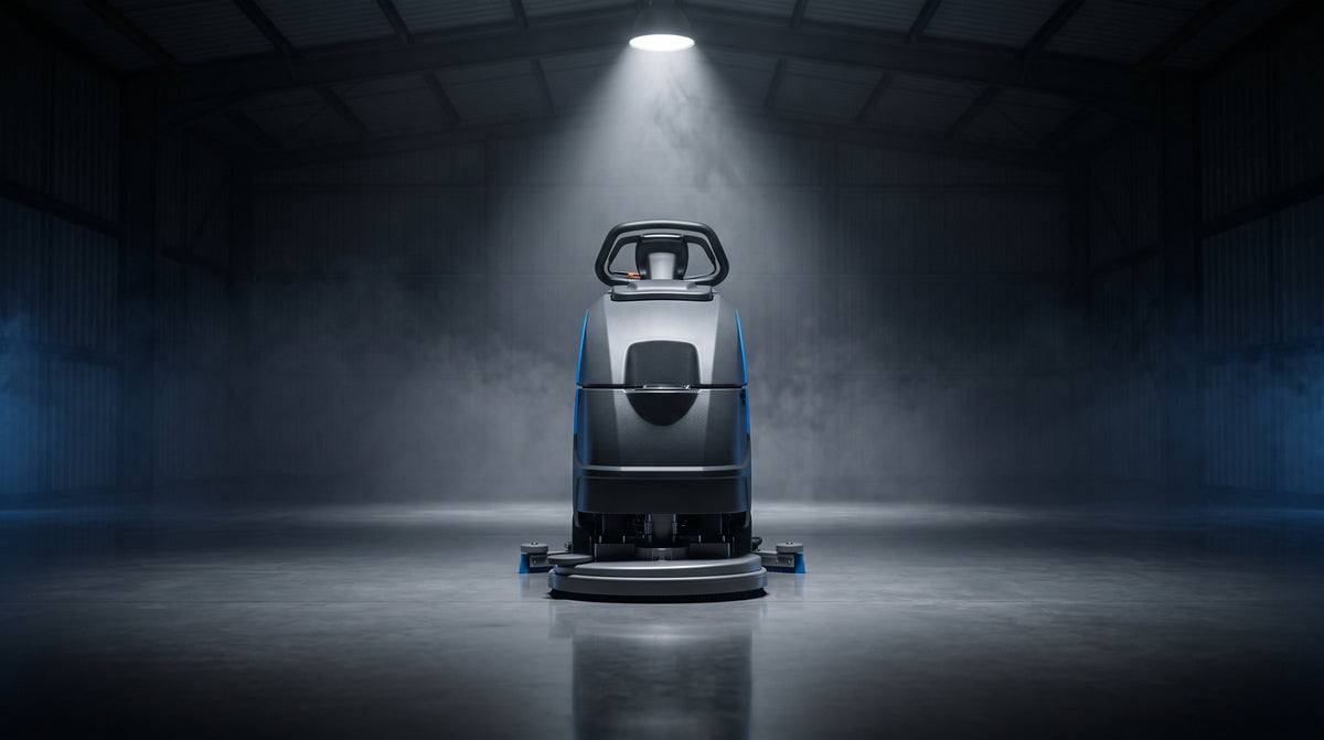 Walk-behind floor scrubber lit by a single overhead shaft in a dark hazy warehouse