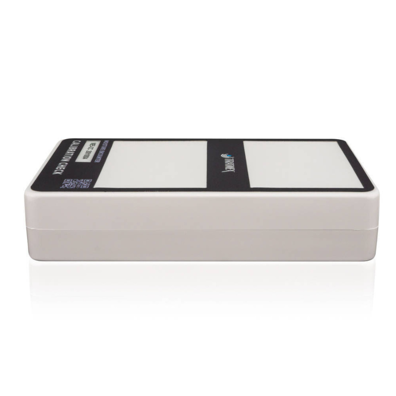 Tramex ME5 and MEX5 Calibration Box - CALBOXME5: A side angle view of the Tramex ME5 and MEX5 calibration check box, showcasing its compact design and measurement dial, intended for moisture testing in construction materials.