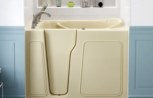 MediTub 2646LBA walk-in tub in biscuit, front view with the door closed
