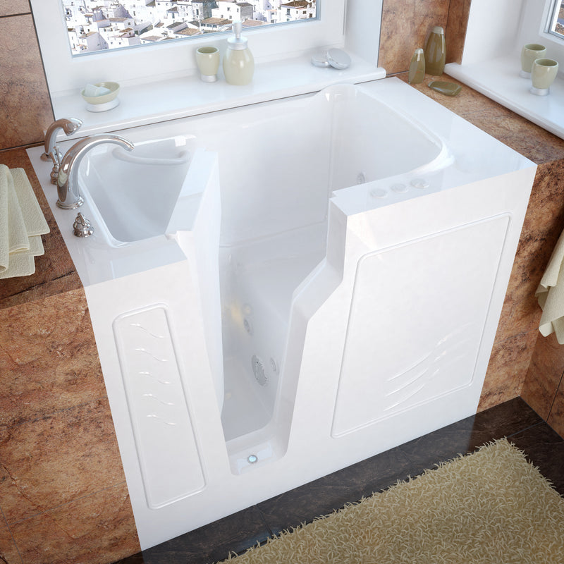 MediTub 2646LWH white walk-in tub with left drain, installed three-quarter view