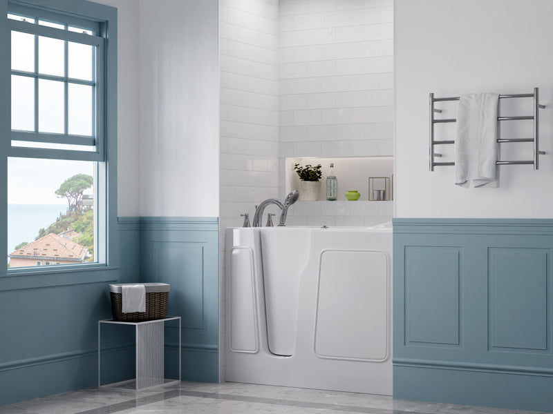 MediTub 2646LWH walk-in tub in a bathroom, room view from the front