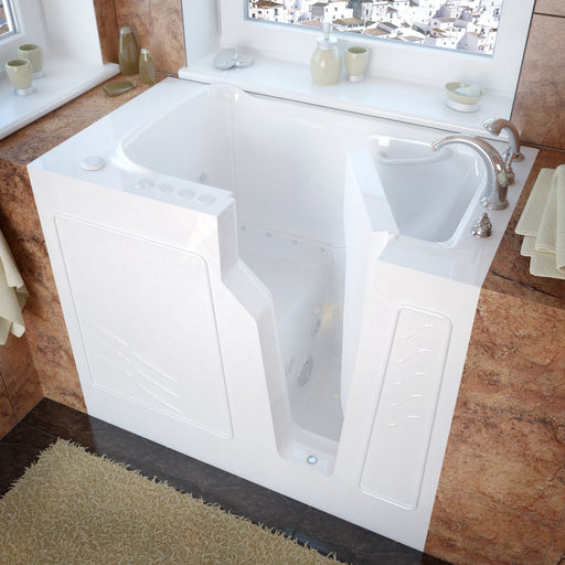 MediTub 2646RWD white walk-in tub with right drain, installed three-quarter view