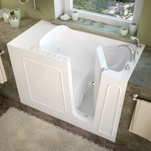 MediTub 2653RWD white walk-in tub with right drain, installed three-quarter view