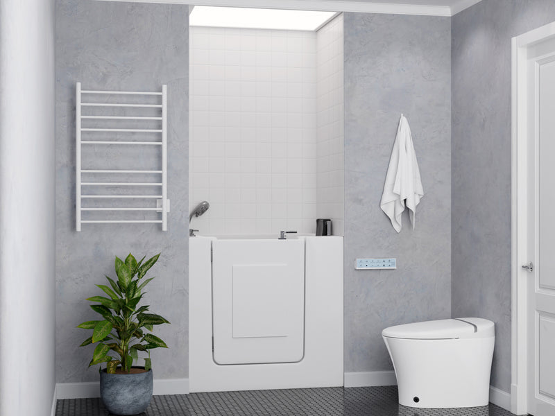 MediTub 2739LWH walk-in tub in a bathroom, room view from the front