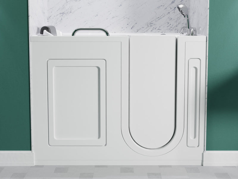 MediTub 2753FLWR walk-in tub in white, front view with the door closed