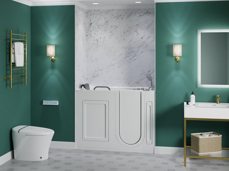MediTub 2753FLWR walk-in tub in white, installed in a bathroom, room view