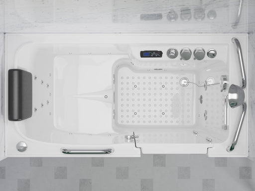 MediTub 2753FLWR walk-in tub in white, top view of the jets, seat and controls