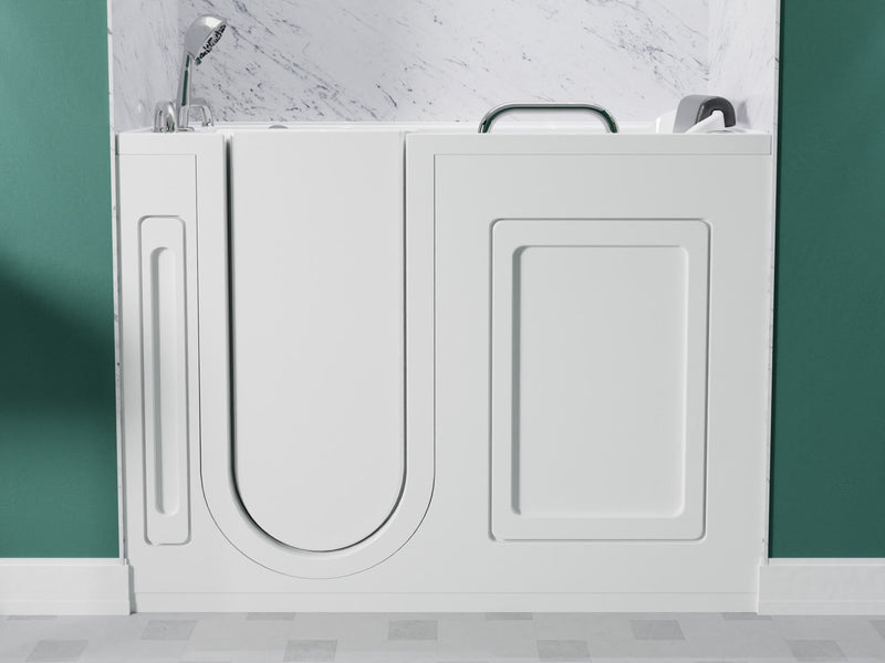 MediTub 2753WILWD walk-in tub in white, front view in a bathroom, door closed