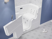 MediTub 2953WCLWD wheelchair accessible walk-in tub in white, installed in a bathroom with the door open