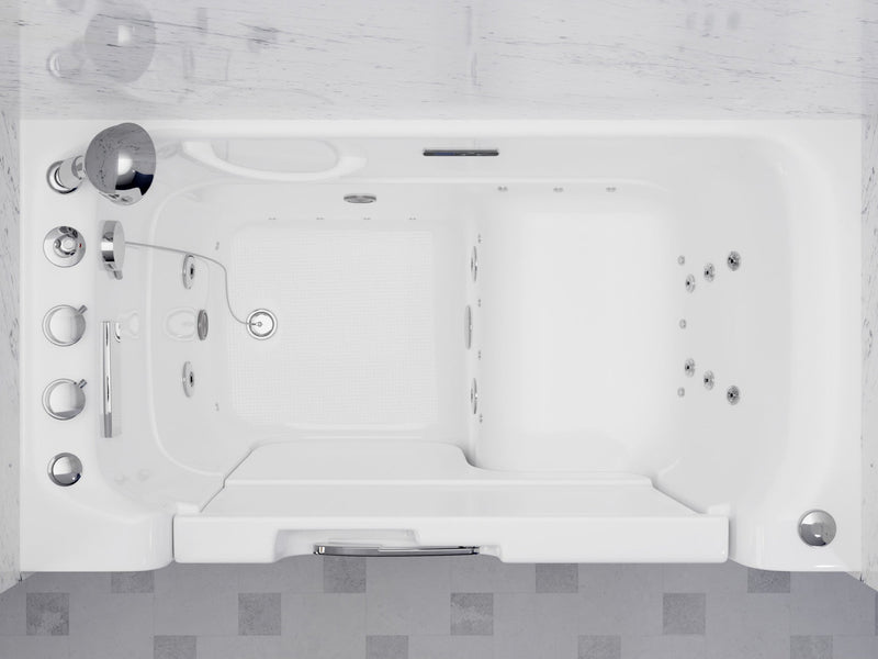 MediTub 2953WCLWD wheelchair accessible walk-in tub in white, top view of the jets, seat and controls