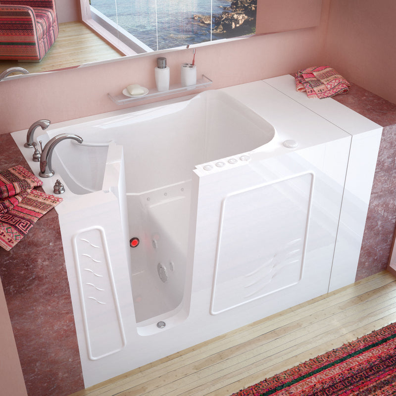 MediTub 3053LWD white walk-in tub with left drain, installed three-quarter view