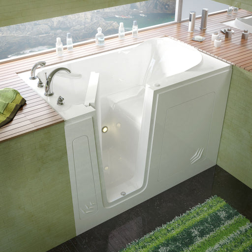 MediTub 3054LWS white walk-in tub with left drain, installed three-quarter view