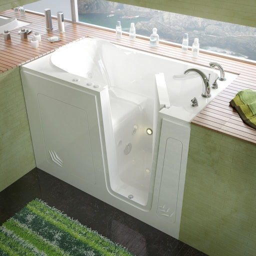 MediTub 3054RWH white walk-in tub with right drain, installed three-quarter view