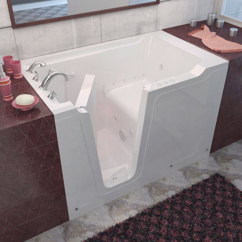 MediTub 3660LWD white walk-in tub with left drain, installed three-quarter view