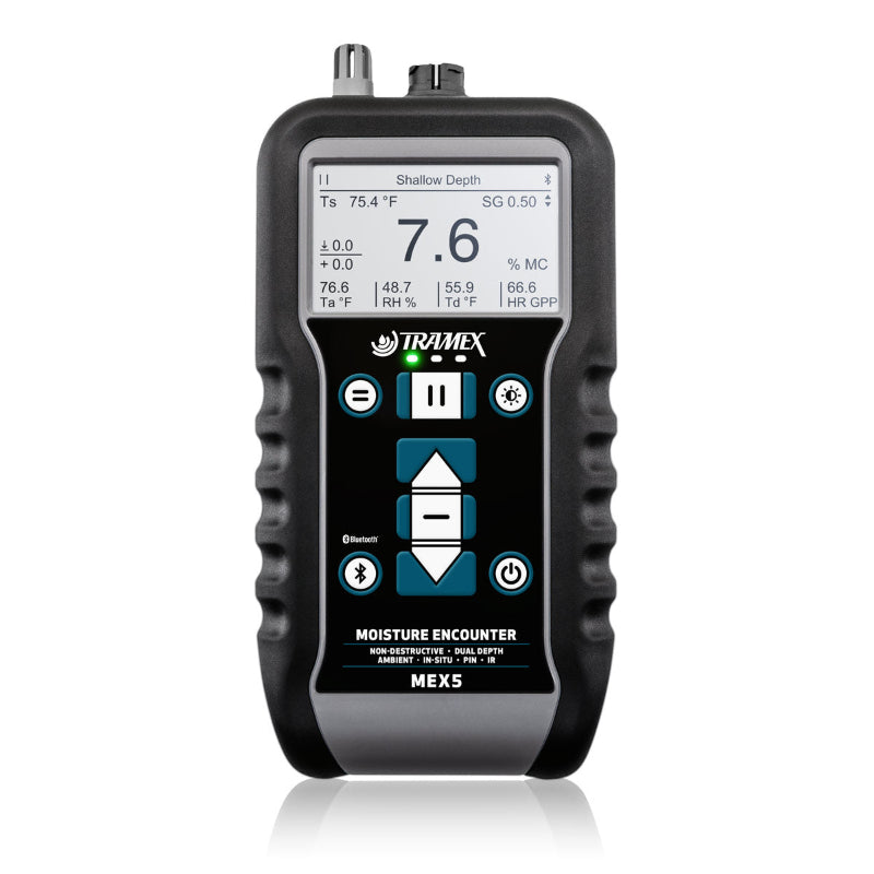 Tramex Water Damage Restoration Master Kit X - WDMK-X A front view of the Tramex Water Damage Restoration Master Kit X, showcasing a shallow depth screen display with various measurement functions, designed for professional water damage assessment.