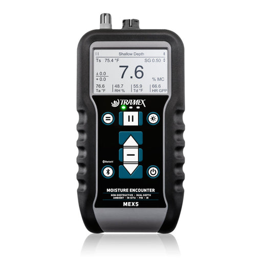 Tramex Building Survey Inspection Kit - BSIK Image showing the front view of the Tramex MEX5 moisture meter, featuring a shallow depth screen for reading moisture levels in building materials.