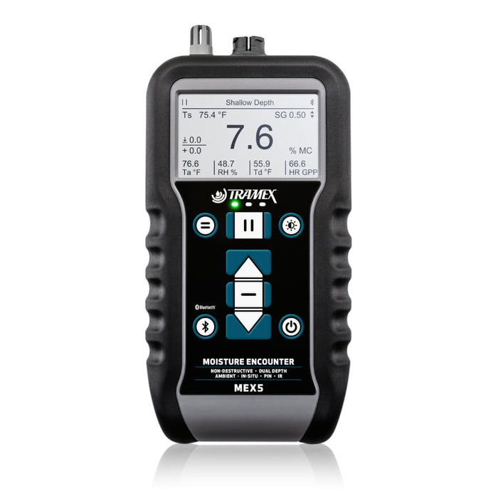 Tramex Flooring Inspection Master Kit X - FMK-X Image of the Tramex Flooring Inspection Master Kit X showing the front view of the device, featuring a digital display, measurement probes, and a sleek design suitable for assessing moisture levels in flooring materials.