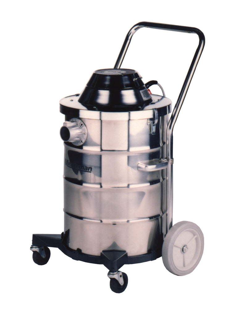 Minuteman 390 Series 15 gal stainless steel wet/dry vacuum, shown on the optional caster chassis with tilt handle