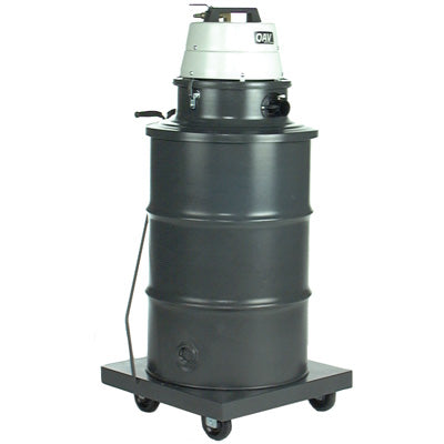 Minuteman 705 Series 55 gal air-operated vacuum, drum with venturi lid on a square caster dolly