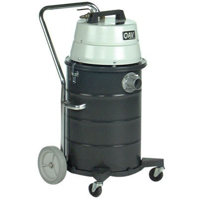 Minuteman 705 Series 15 gal air-operated vacuum with venturi lid, side intake, push handle, rear wheels and front casters