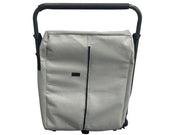 Minuteman 747 wide-area vacuum from behind, showing the zippered grey cloth filter bag on its handle frame